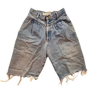 Mixed Blues Denim Shorts Womens 24 Light Wash High Rise Pleated Raw Hem Vintage